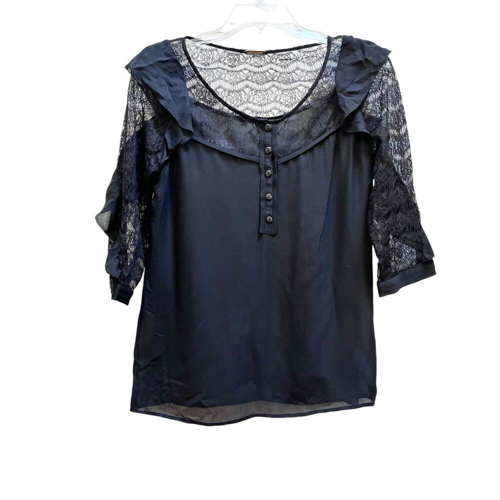 Rebecca Minkoff Black Silk Lace 3/4 Sleeve Henley Blouse Size 4